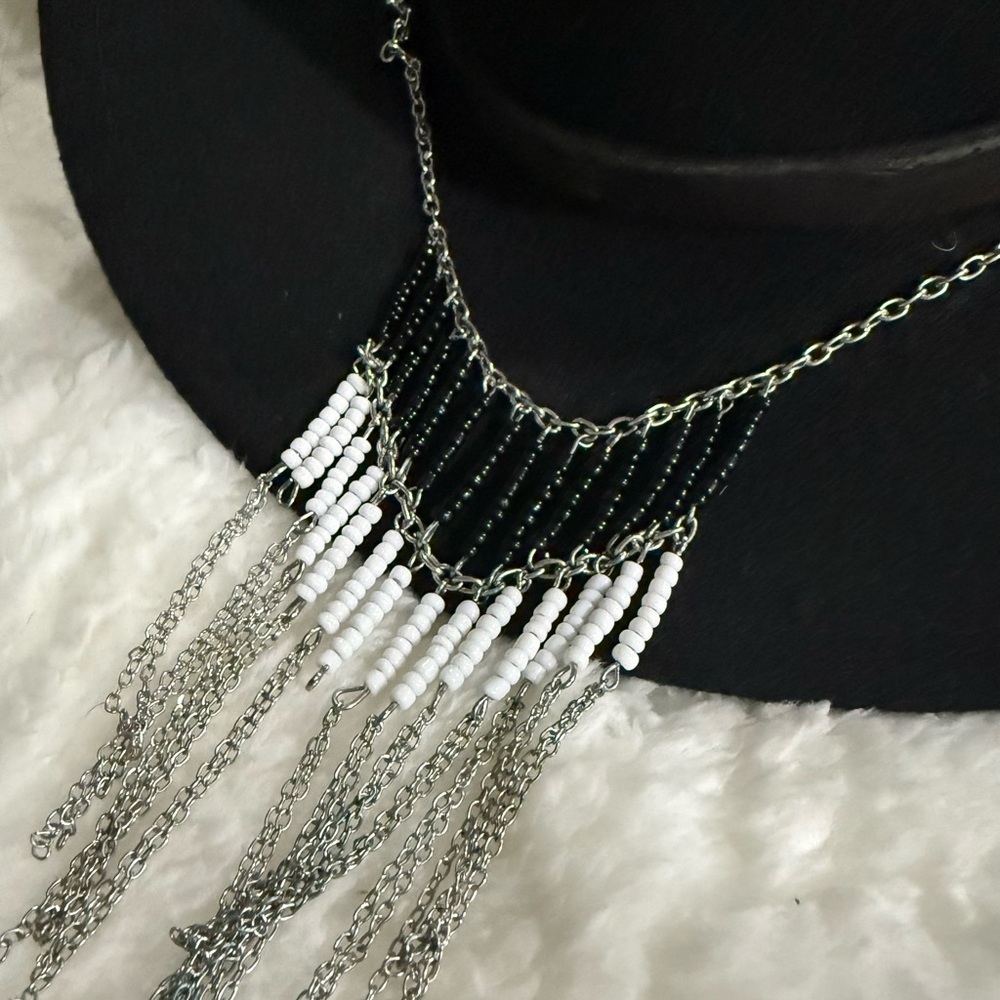 Black & White Beaded Fringe Necklace with Silver Chains